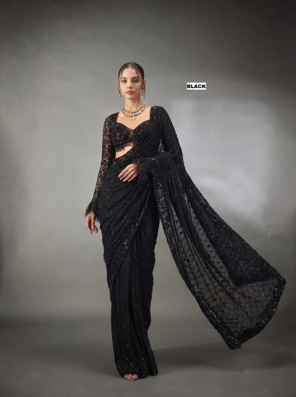 Premium embroidery sequence faux georgette black saree