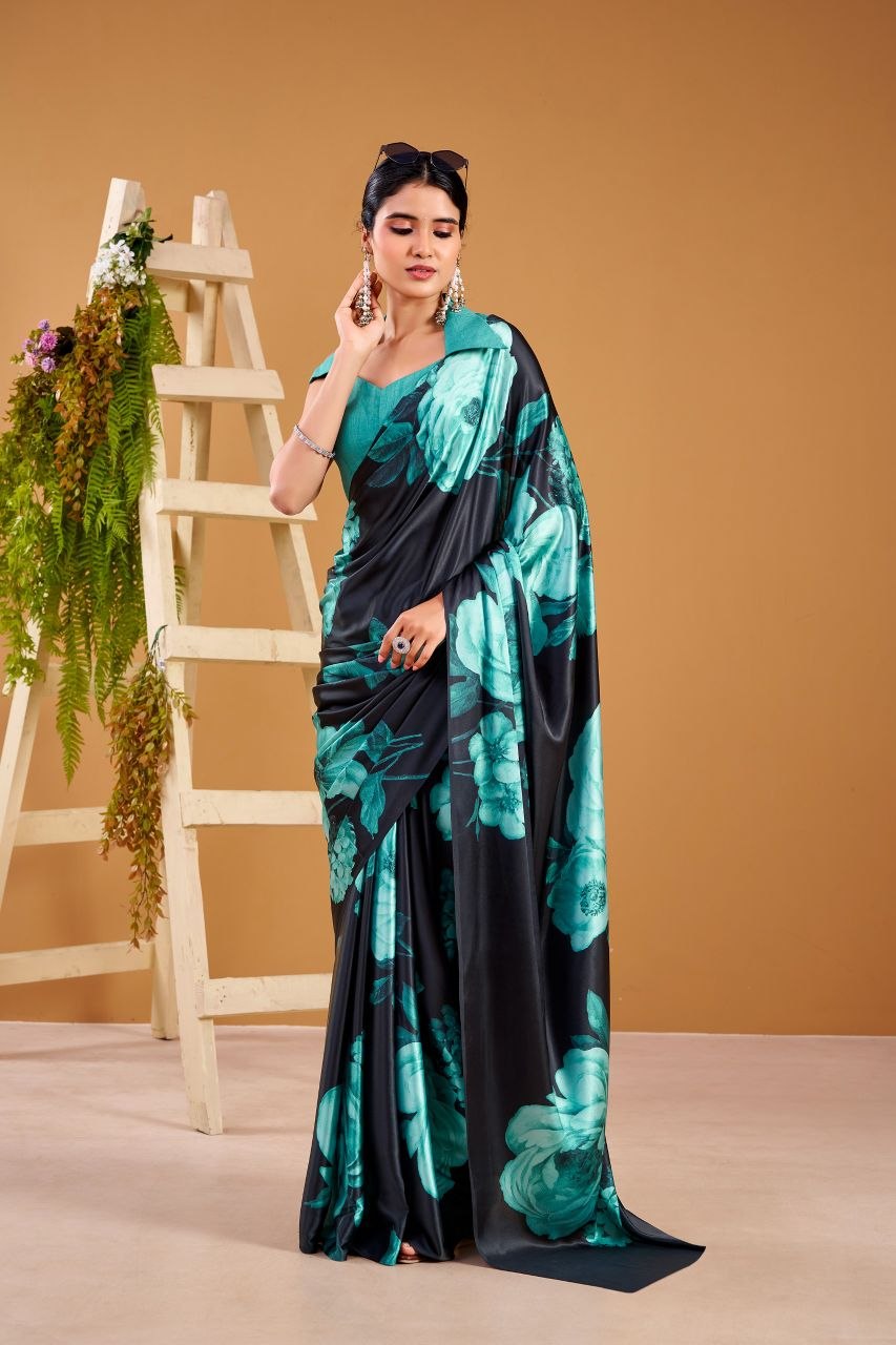 Luxurious floral print satin silk black saree