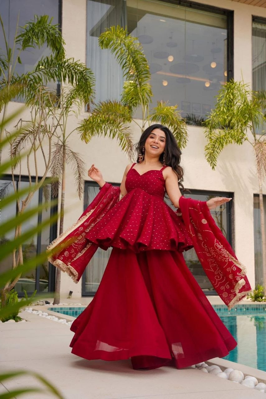 Elegance stitched tabby organza maroon palazzo suit