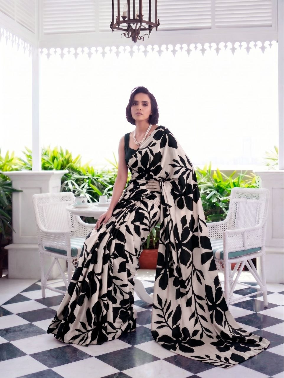 Premium print satin silk black saree