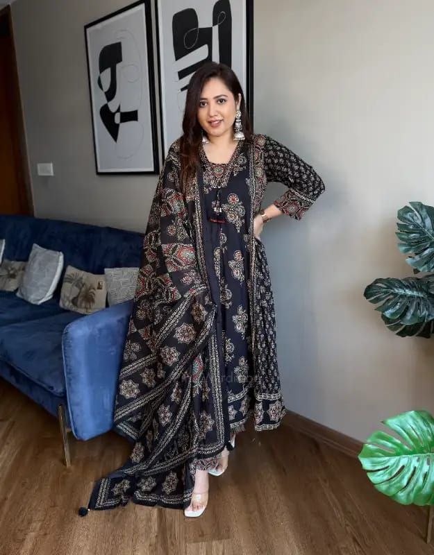 Presenting ajarakh print cotton black anarkali suit set