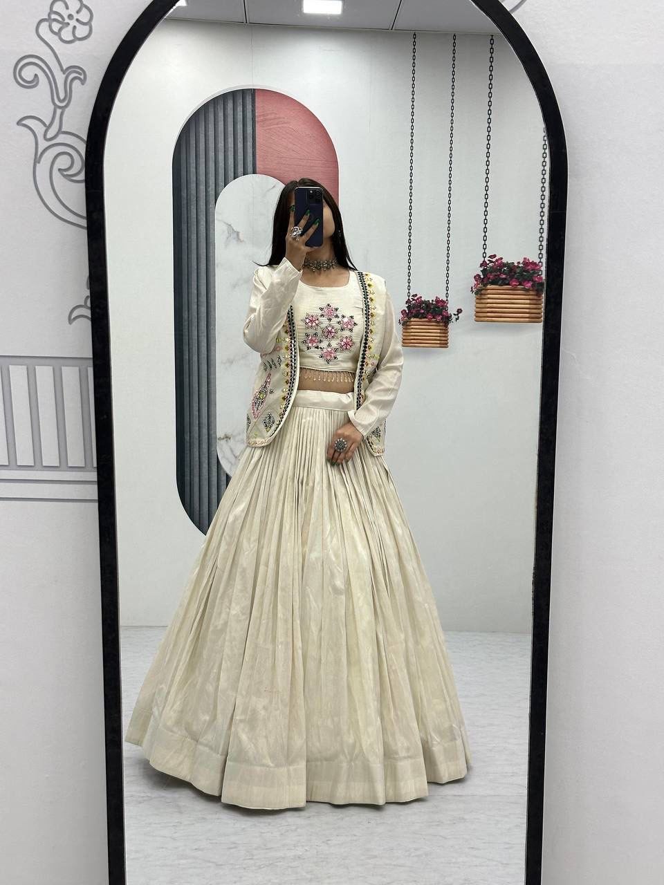 Festival handwork diamond cotton cream lehenga choli
