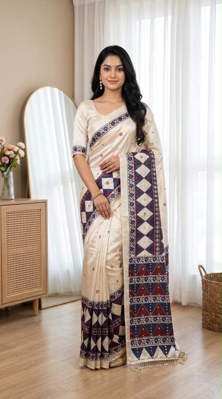 Superhit mirror ajarakh print satin black saree