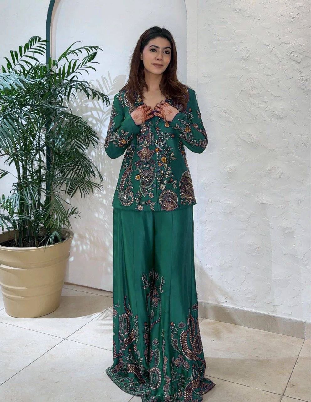 Trending embroidery sequence chinnon green palazzo suit