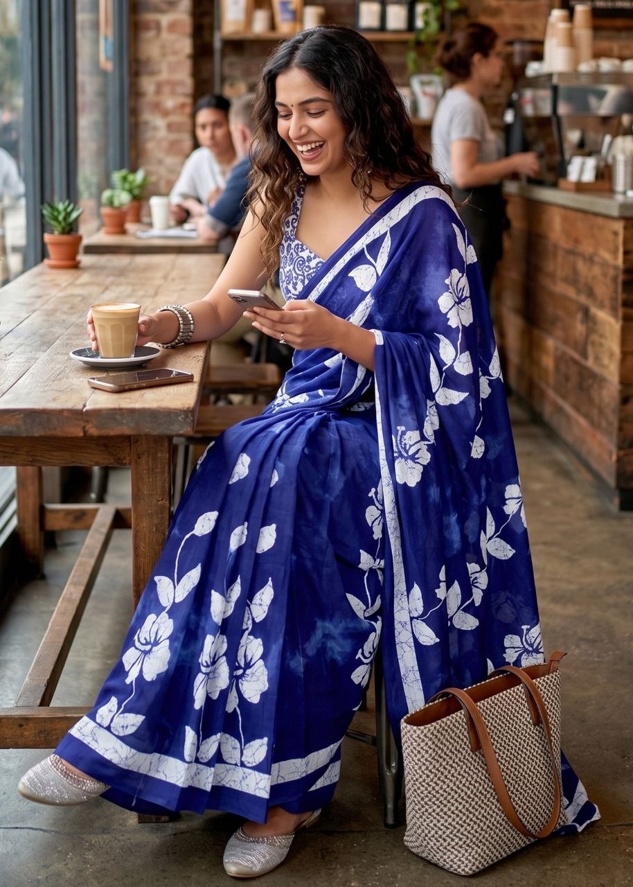 Lightweight bagru print cotton blue saree