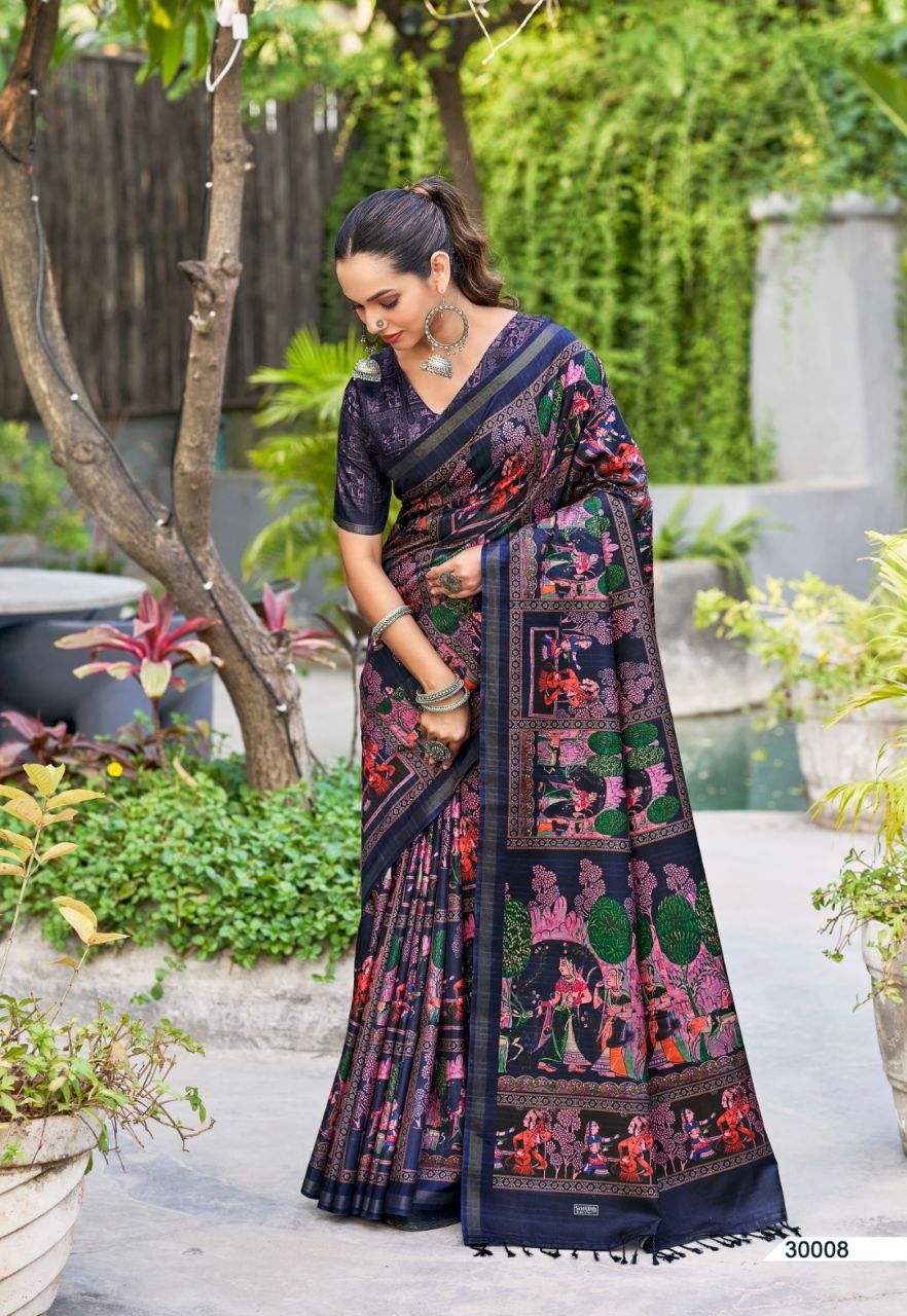 Presenting kalamkari print staple silk blue saree