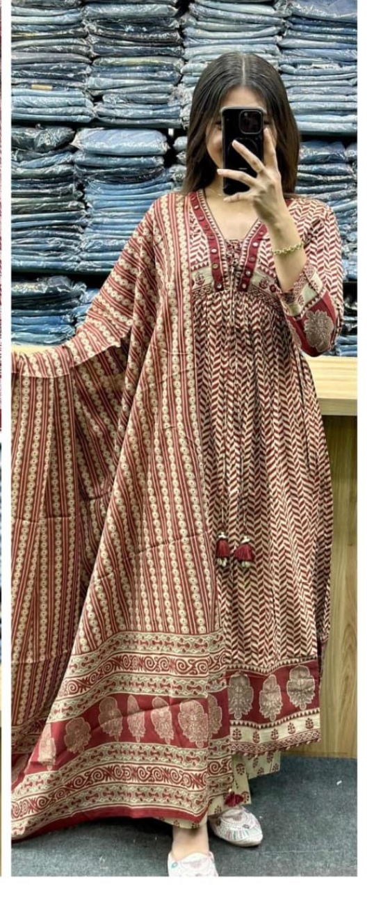 Excellent ajarakh print cotton red anarkali suit