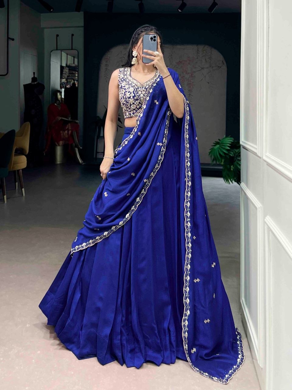 Wedding thread embroidery sequence kashmiri blue lehenga choli