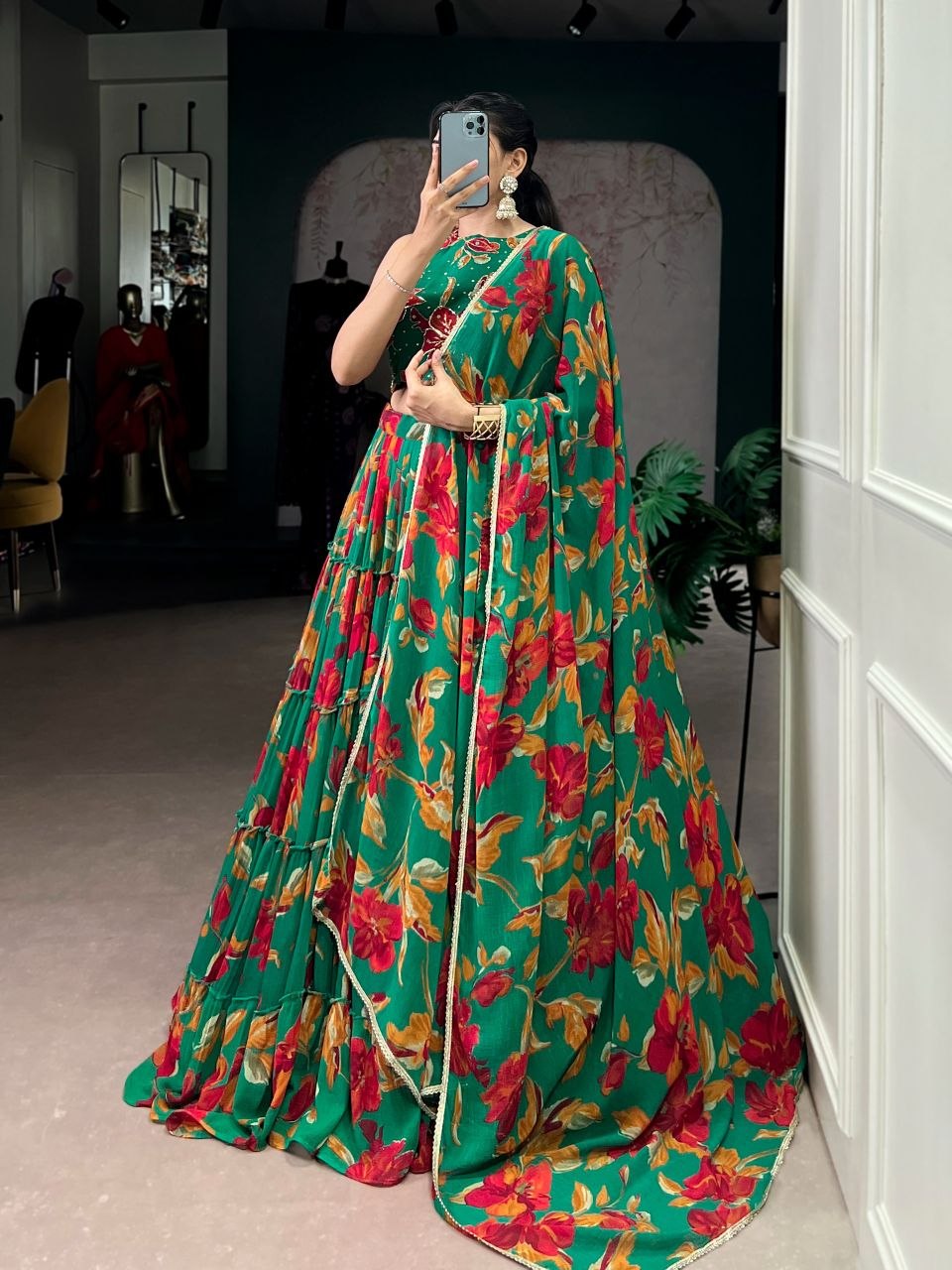Traditional marbal floral print cream green lehenga choli