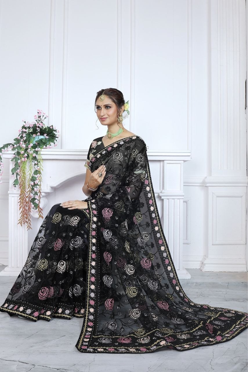 Modeling embroidery net black saree