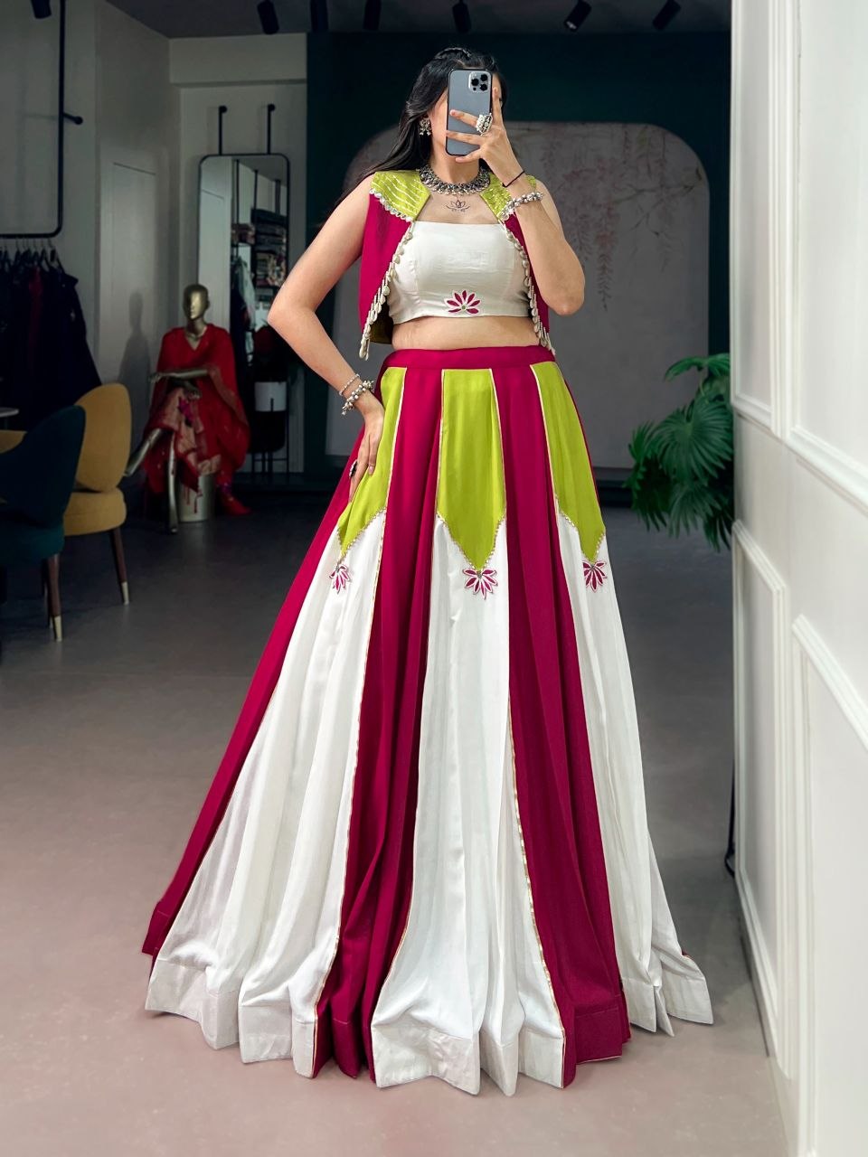 Traditional stitched gota patti rayon maroon lehenga choli koti