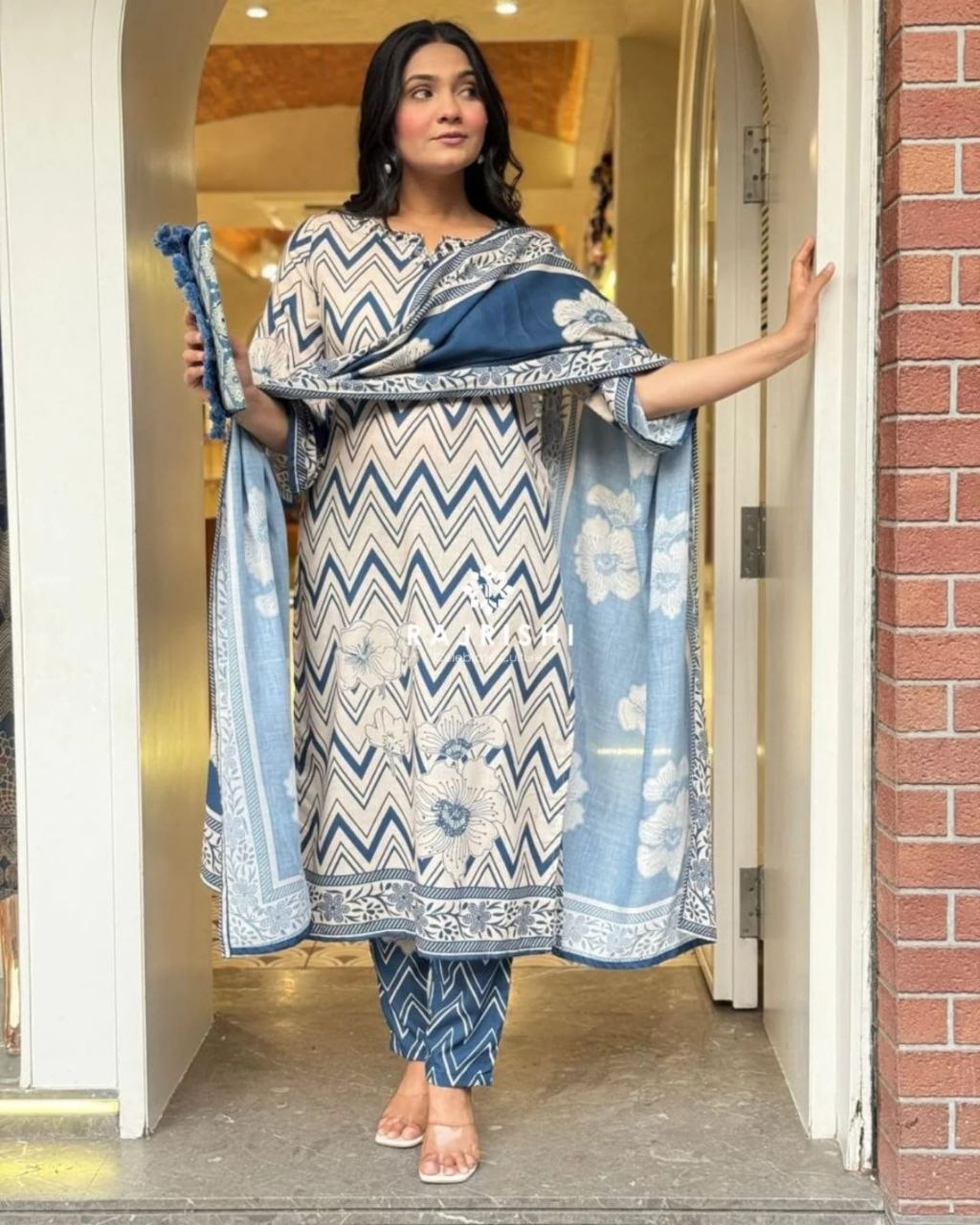 Premium morgan sequence digital print silk blue salwar suit