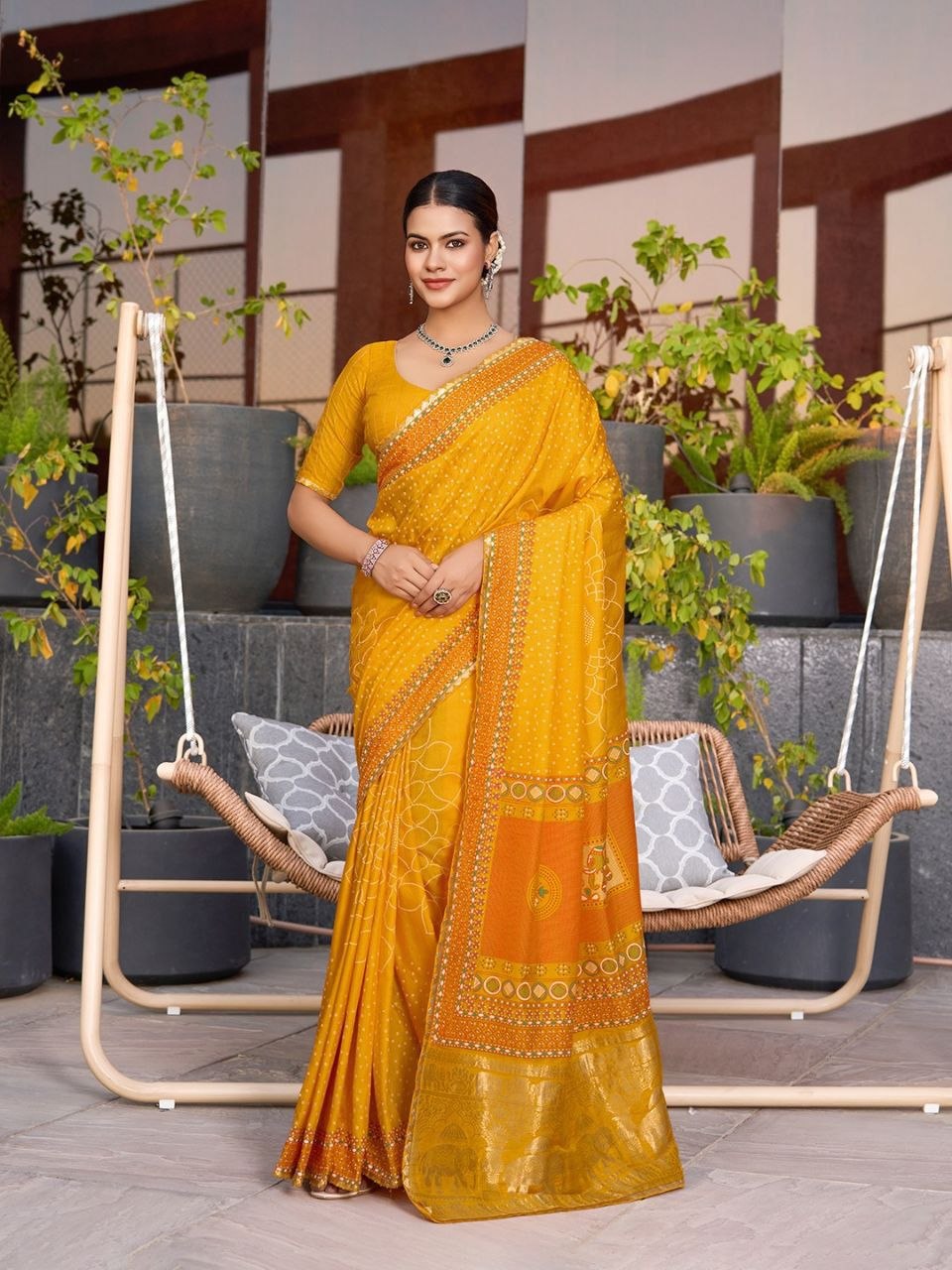 Premium weaving rich pallu bandhani yellow saree