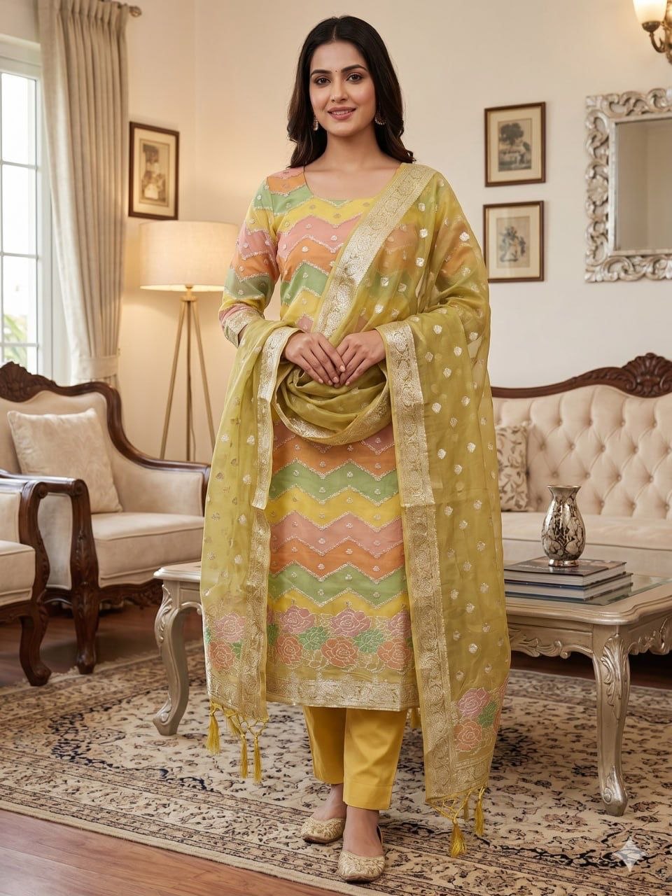 American jacquard organza banarasi silk yellow salwar suit