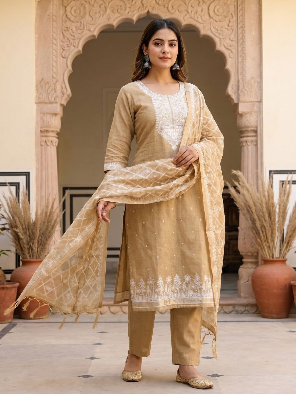 Excellent weaving jamdani cotton yellow salwar suit