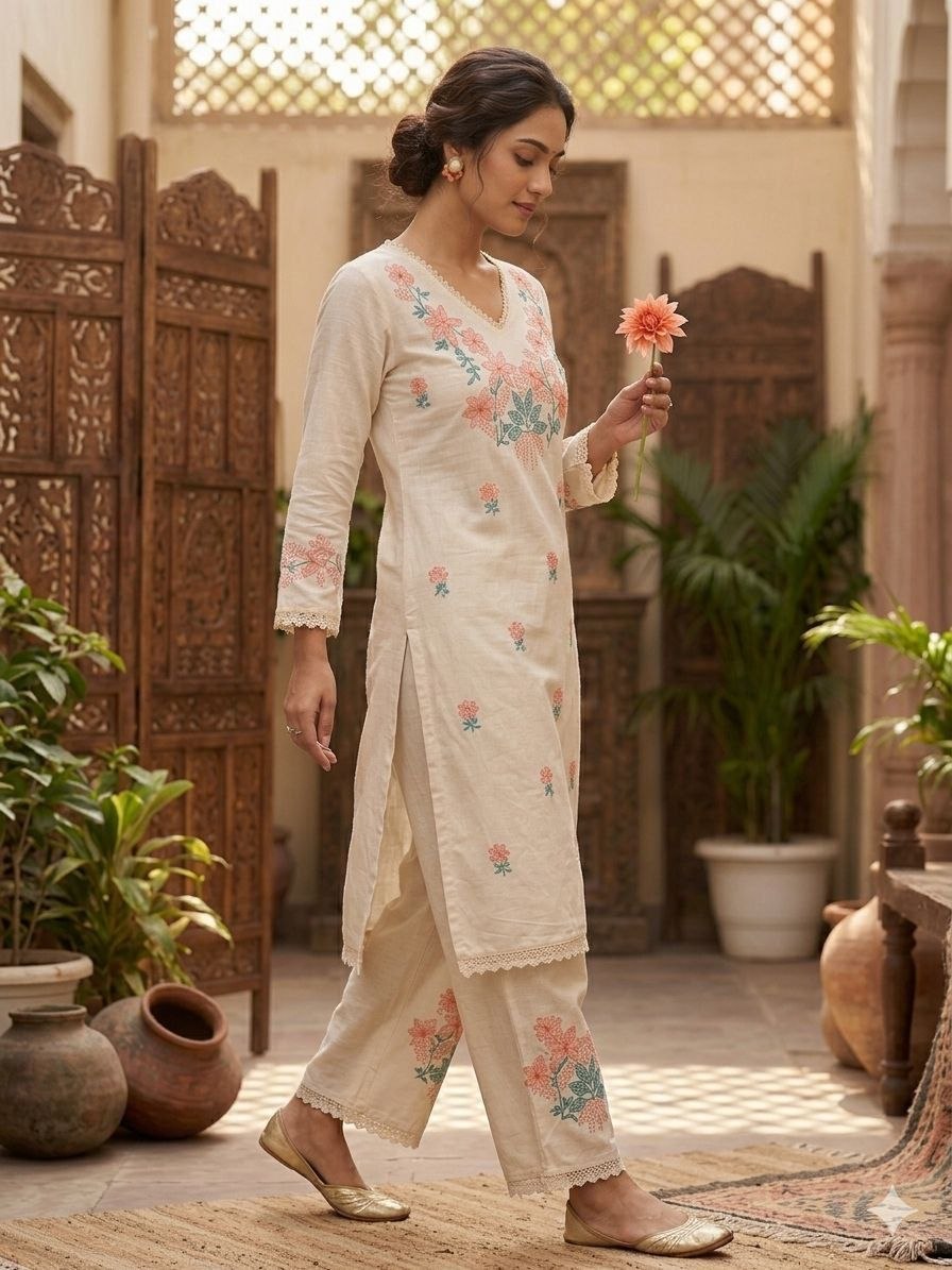 Excellent embroidery cotton white kurta pant