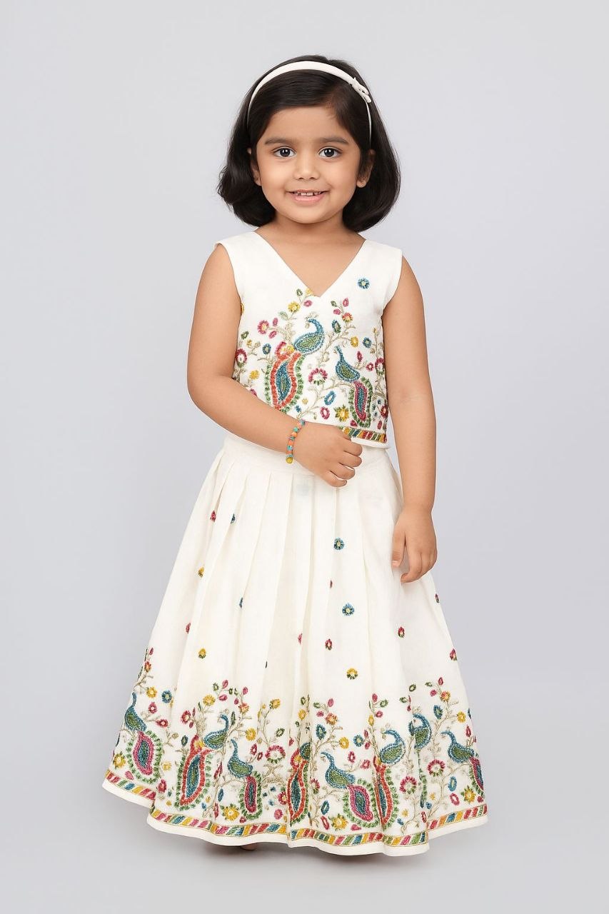 Launching embroidery sequence cotton white lehenga choli