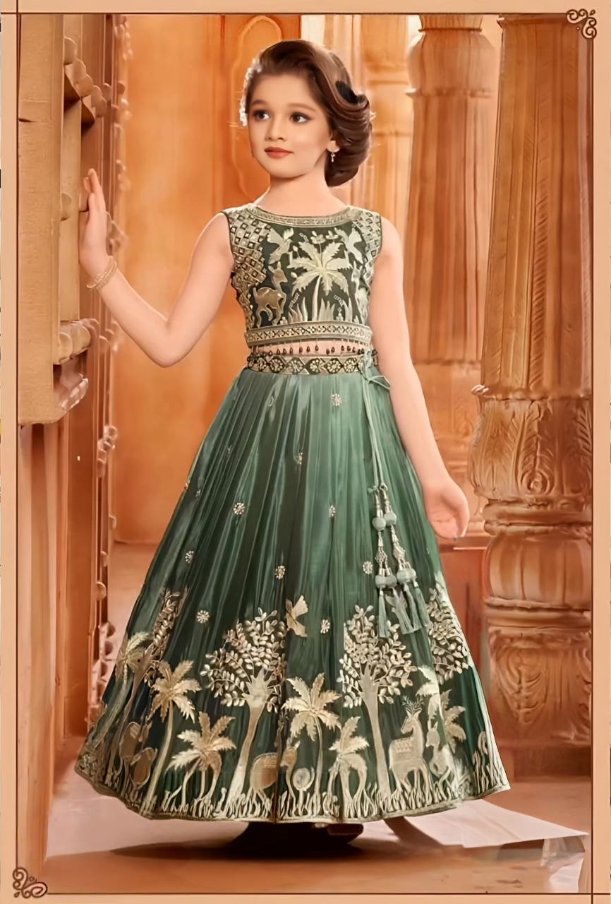 Modeling embroidery sequence digital print silk green lehenga choli