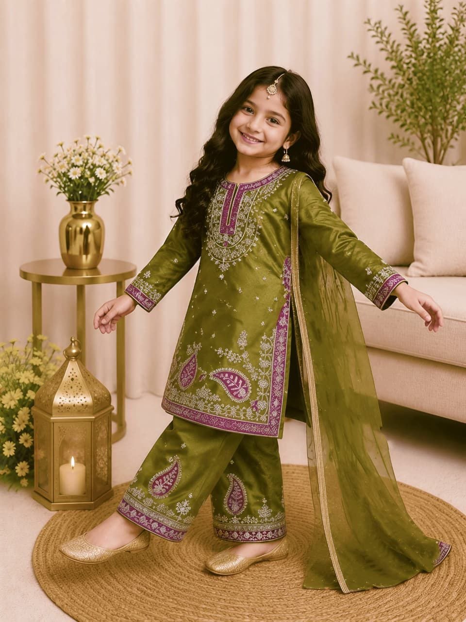 Traditional sequence embroidery silk green sharara set