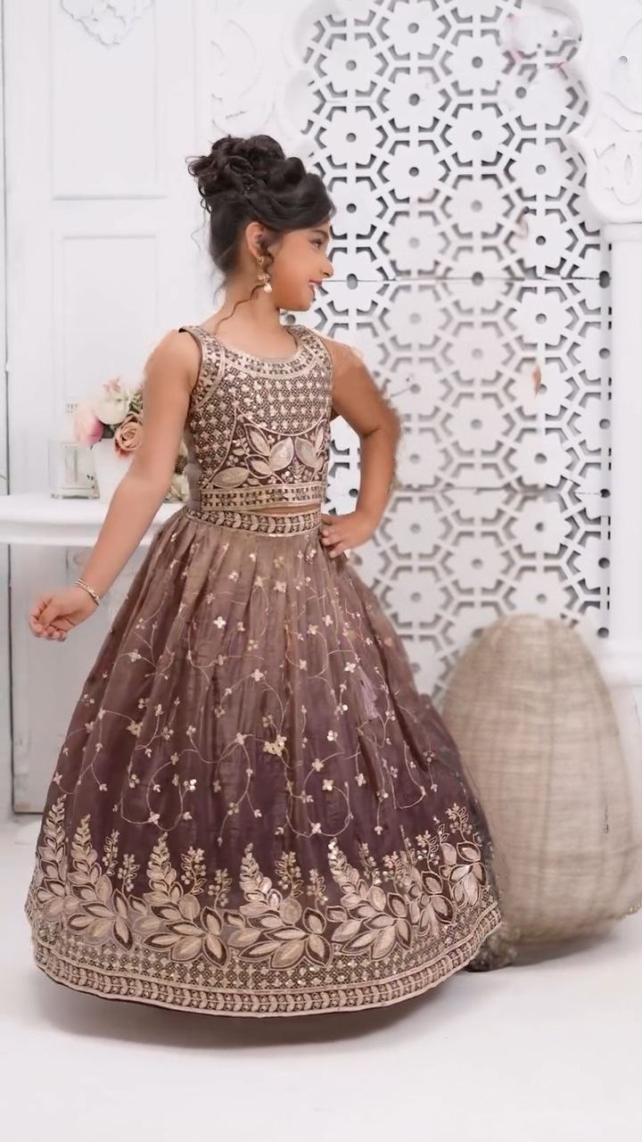 Presenting embroidery sequence digital print silk coffee lehenga choli