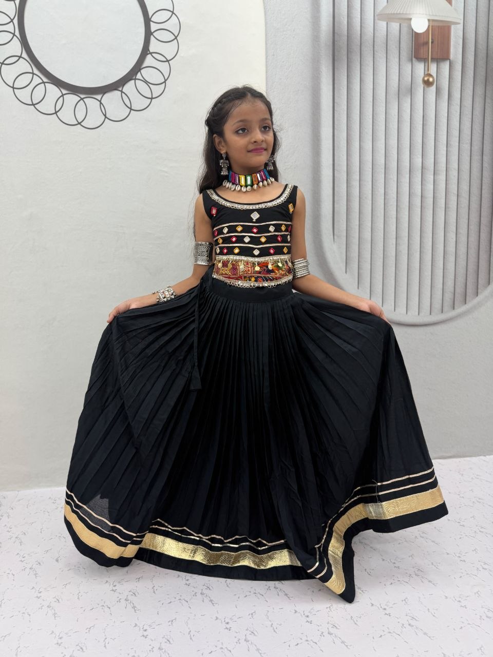 Excellent mirror handwork pure cotton black lehenga choli