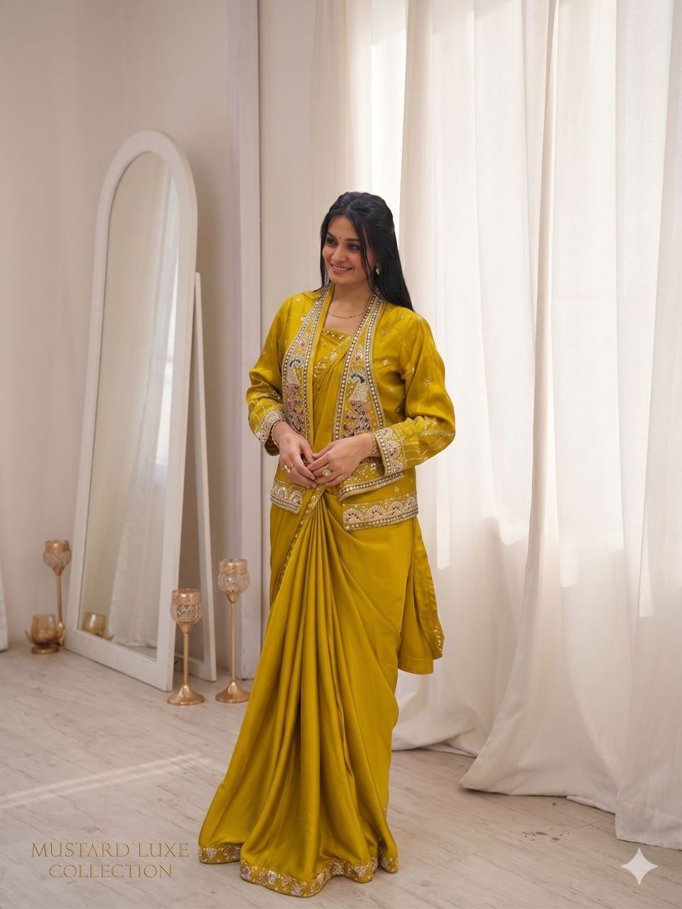 Presenting embroidery crepe satin yellow saree koti