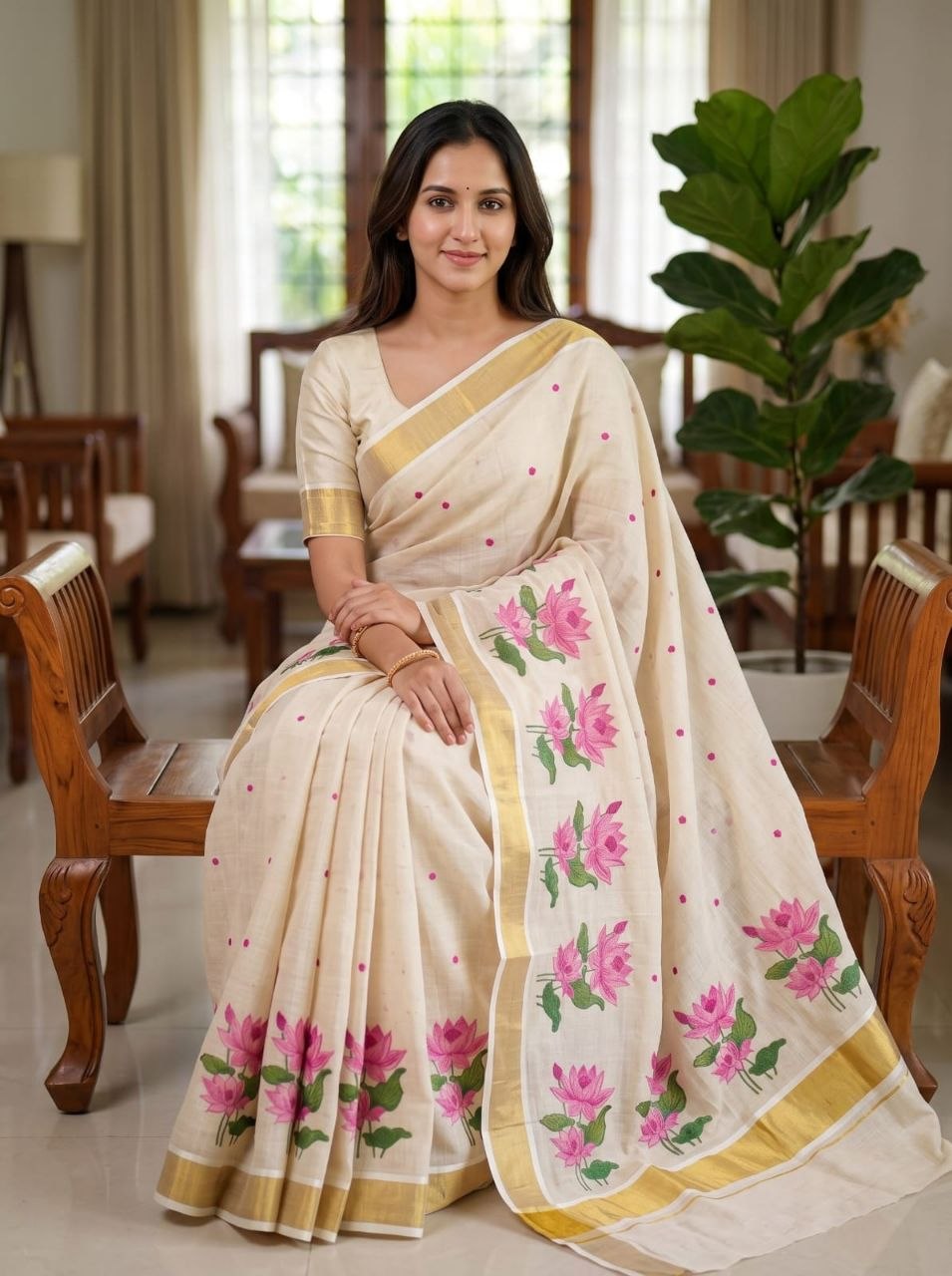 Quality digital print gold zari linen chiku saree
