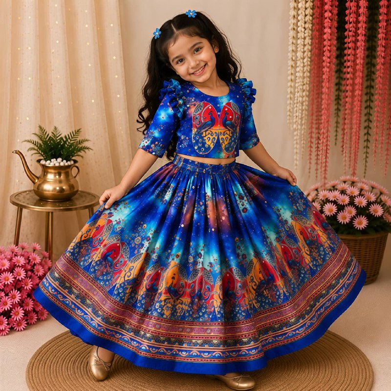 Information digital print mirror organza blue lehenga choli