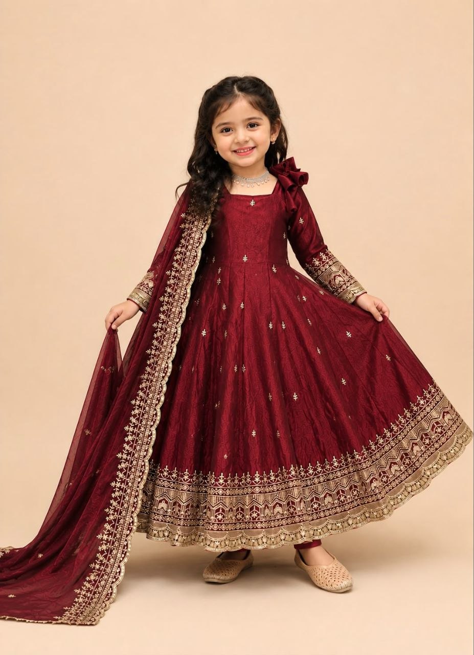 Ethnic full sleeve sequence silk maroon gown