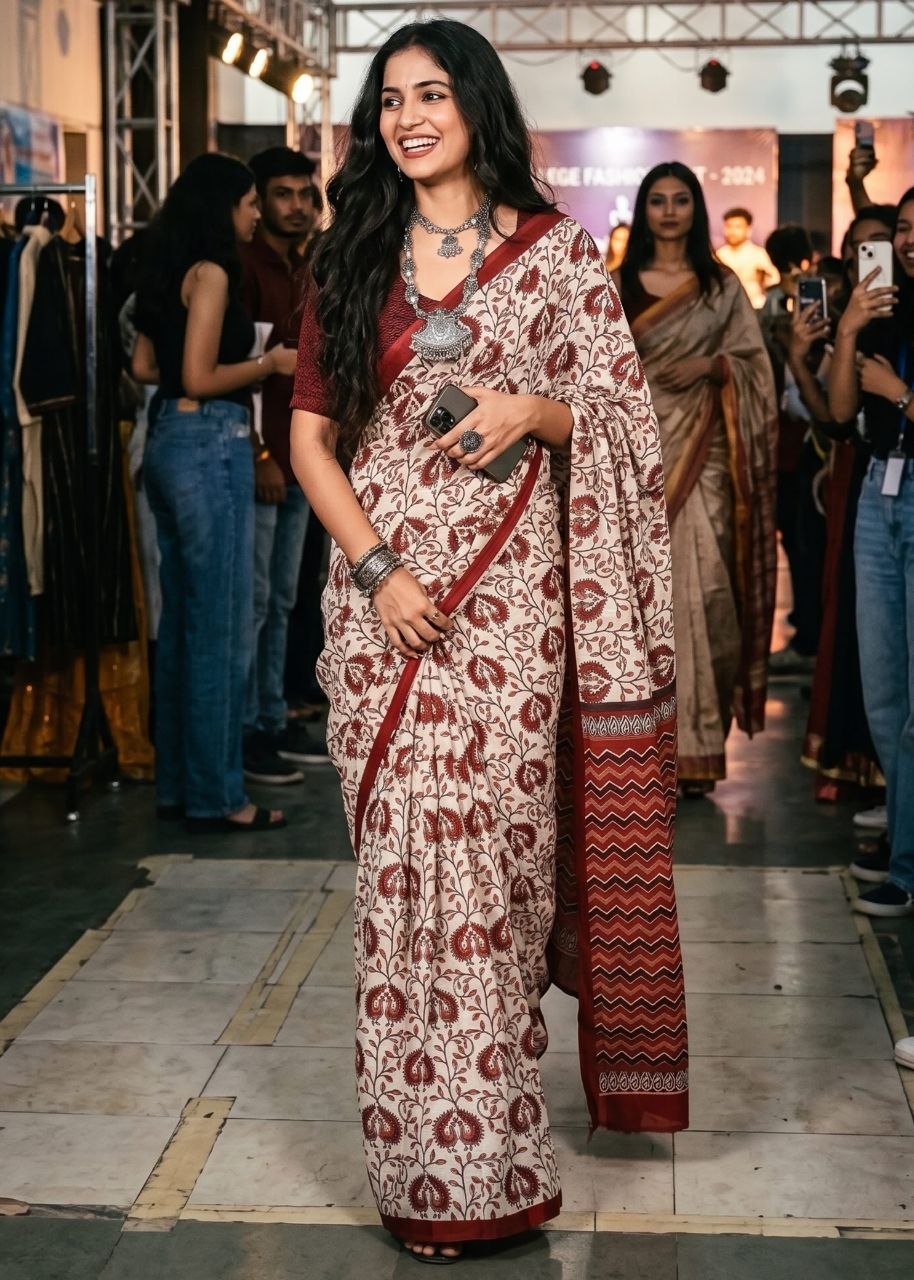 Presenting bagru printed mulmul cotton red saree