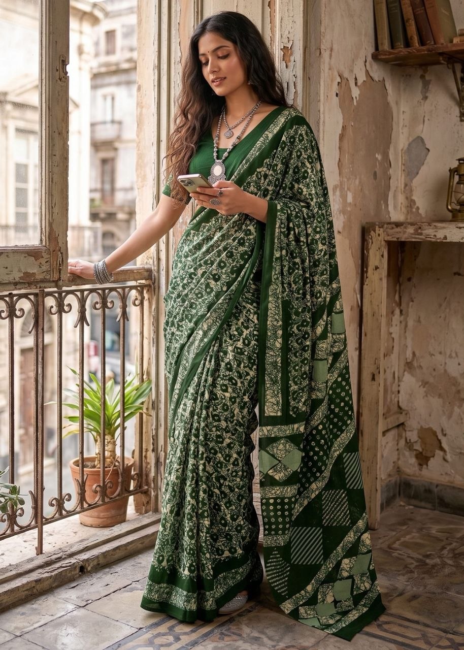 Approx batik printed mulmul cotton green saree