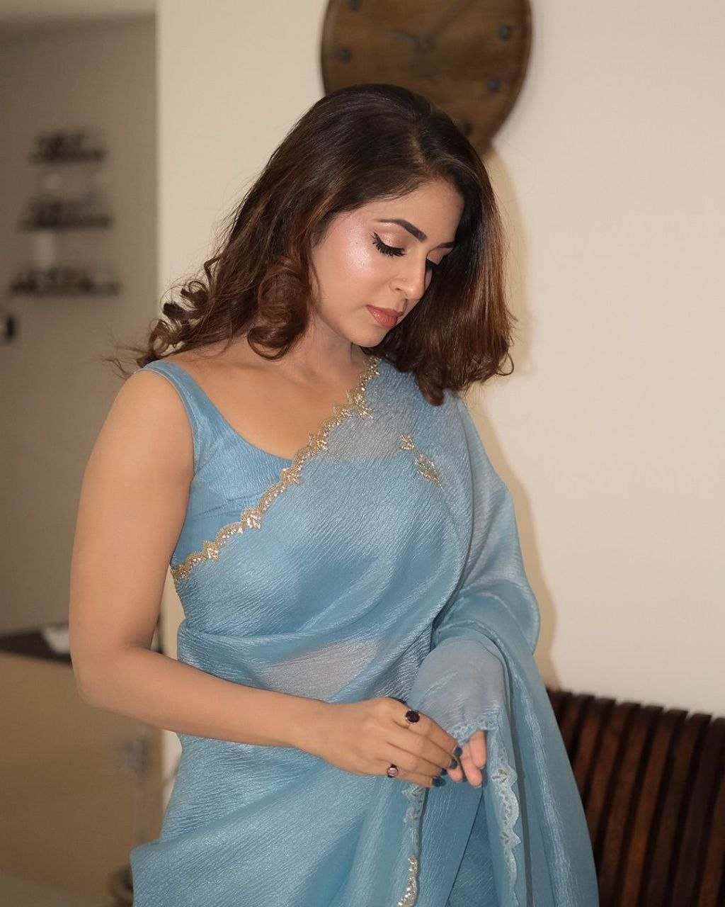 Launching soft pixel crush sky blue saree