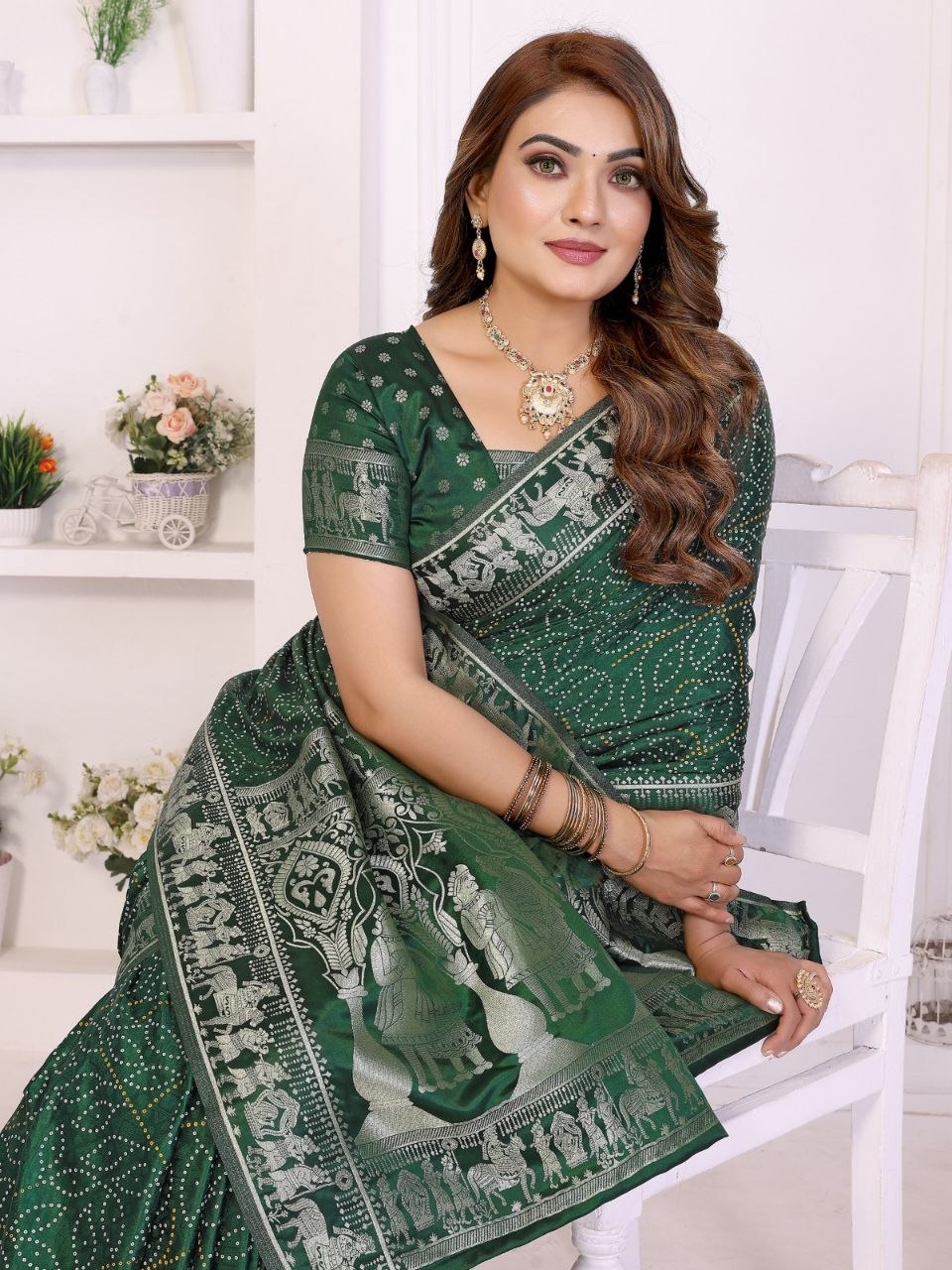 Thoughtout zari weaving satin silk green saree