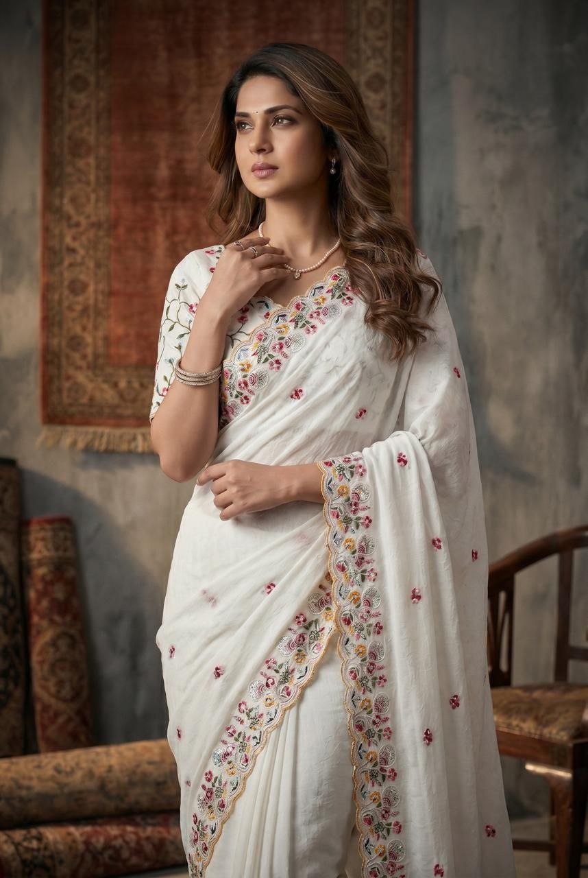 Availability embroidery crush banglory silk white saree