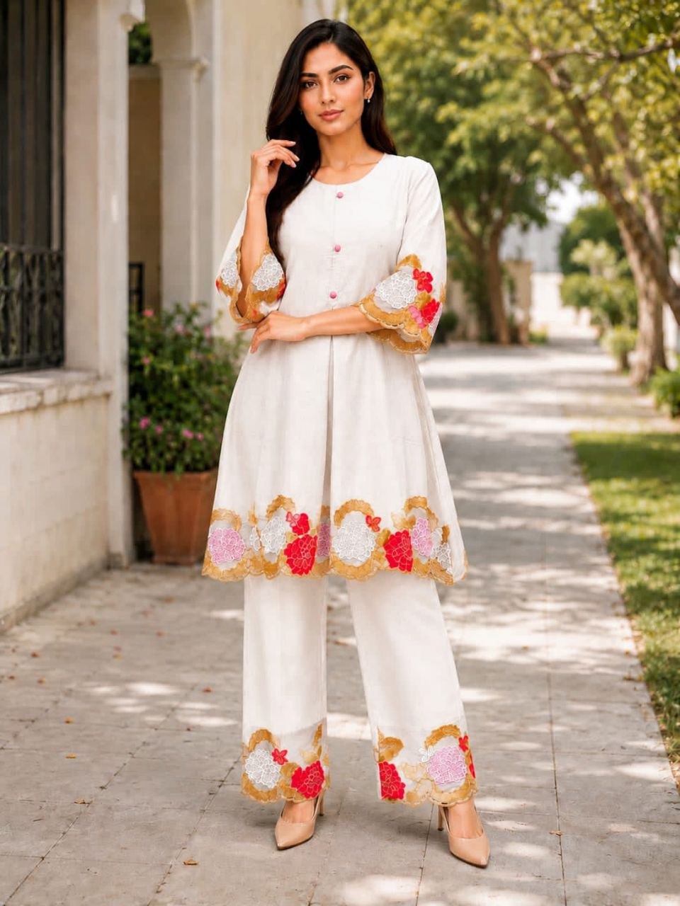 Launching embroidery chanderi cotton white cord set