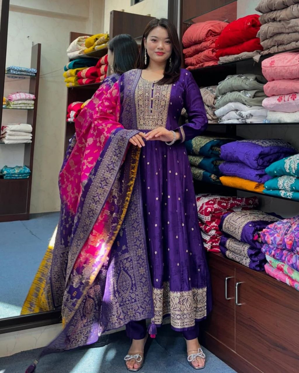 Ethnic thread banarasi silk purple anarkali suit