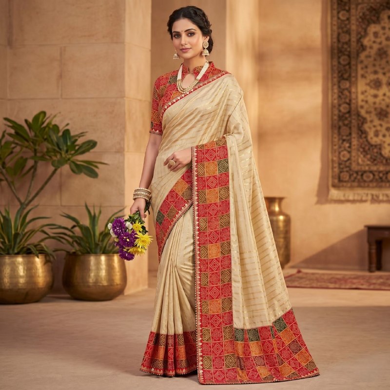 Exclusive embroidery print bandhani silk chiku saree