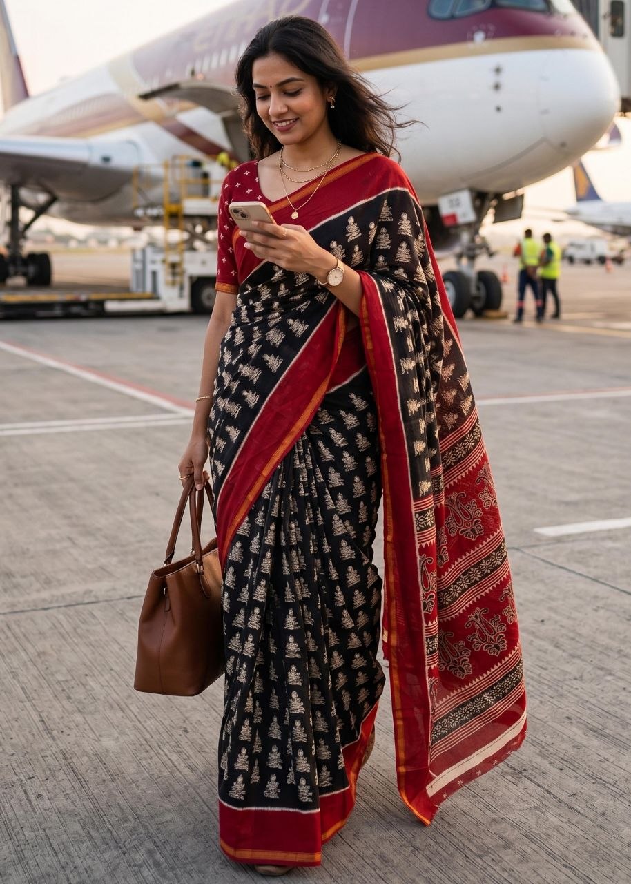 Premium bagru block print muslin cotton black saree