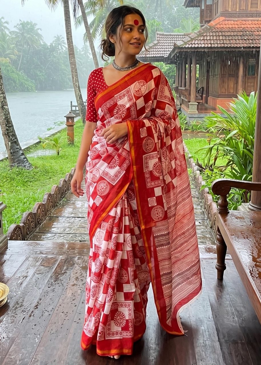 Presenting printed soft muslin cotton orange saree