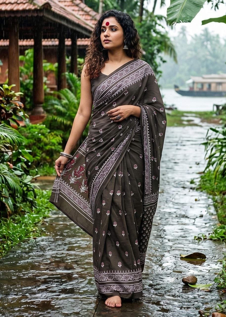 Designation bagru printed soft pure cotton black saree