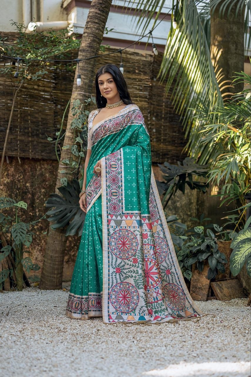 Approved madhubani print tussar silk teal saree