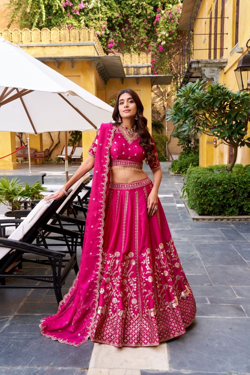Engagement sequence embroidery thread silk rani lehenga choli