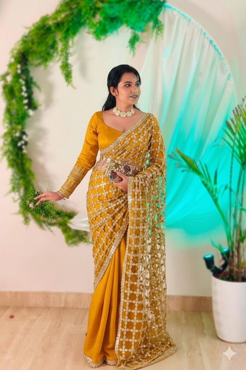 Launching pure soft fandy satin silk yellow saree