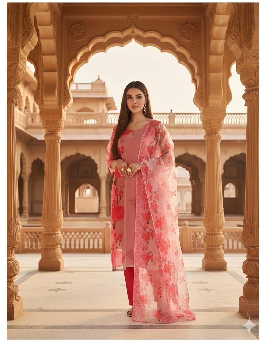 Elegance embroidery pure muslin cotton pink kurti pant dupatta