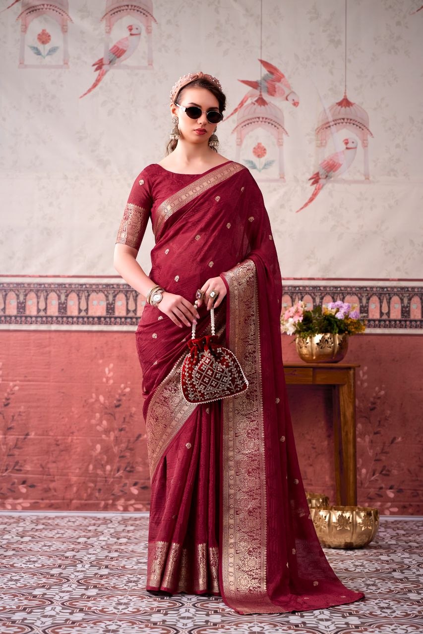 Excellent zari weaving print chinnon red saree