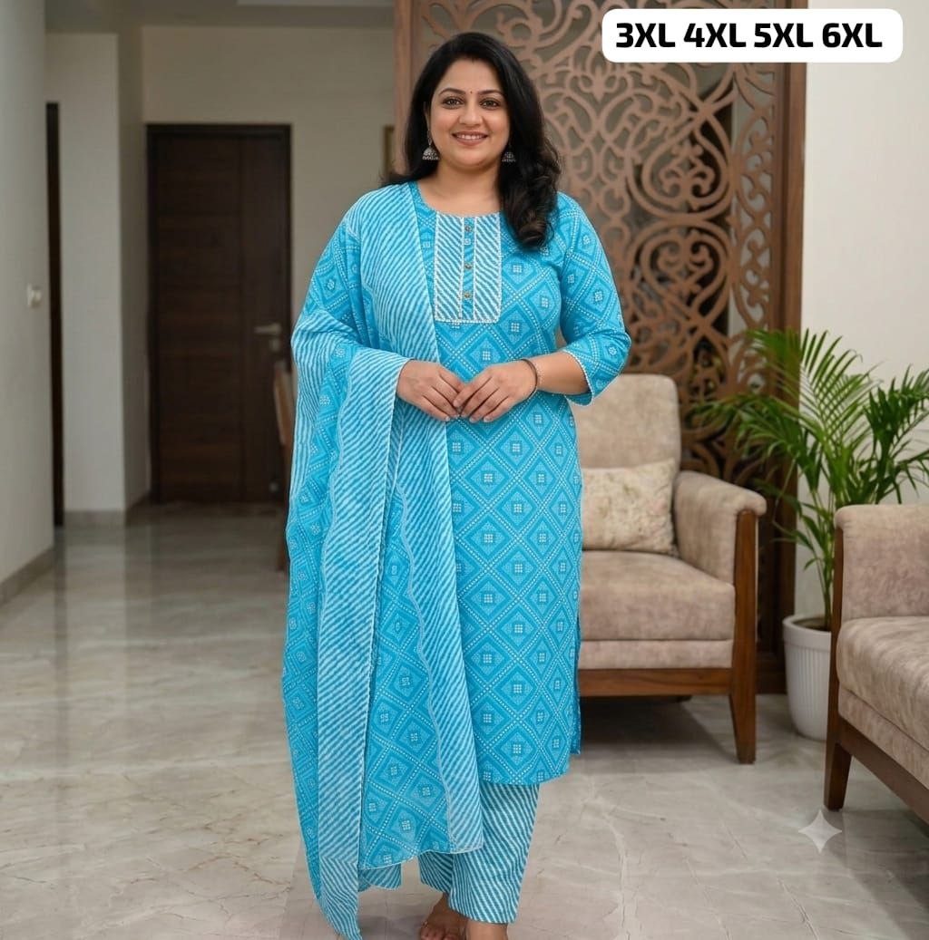 Premium pure cotton printed blue kurta pant dupatta