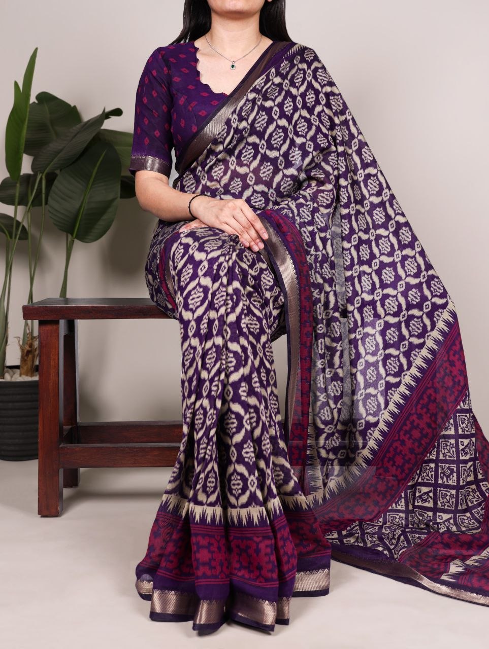 Designation zari weaving ikkat print polyester chanderi cotton green saree