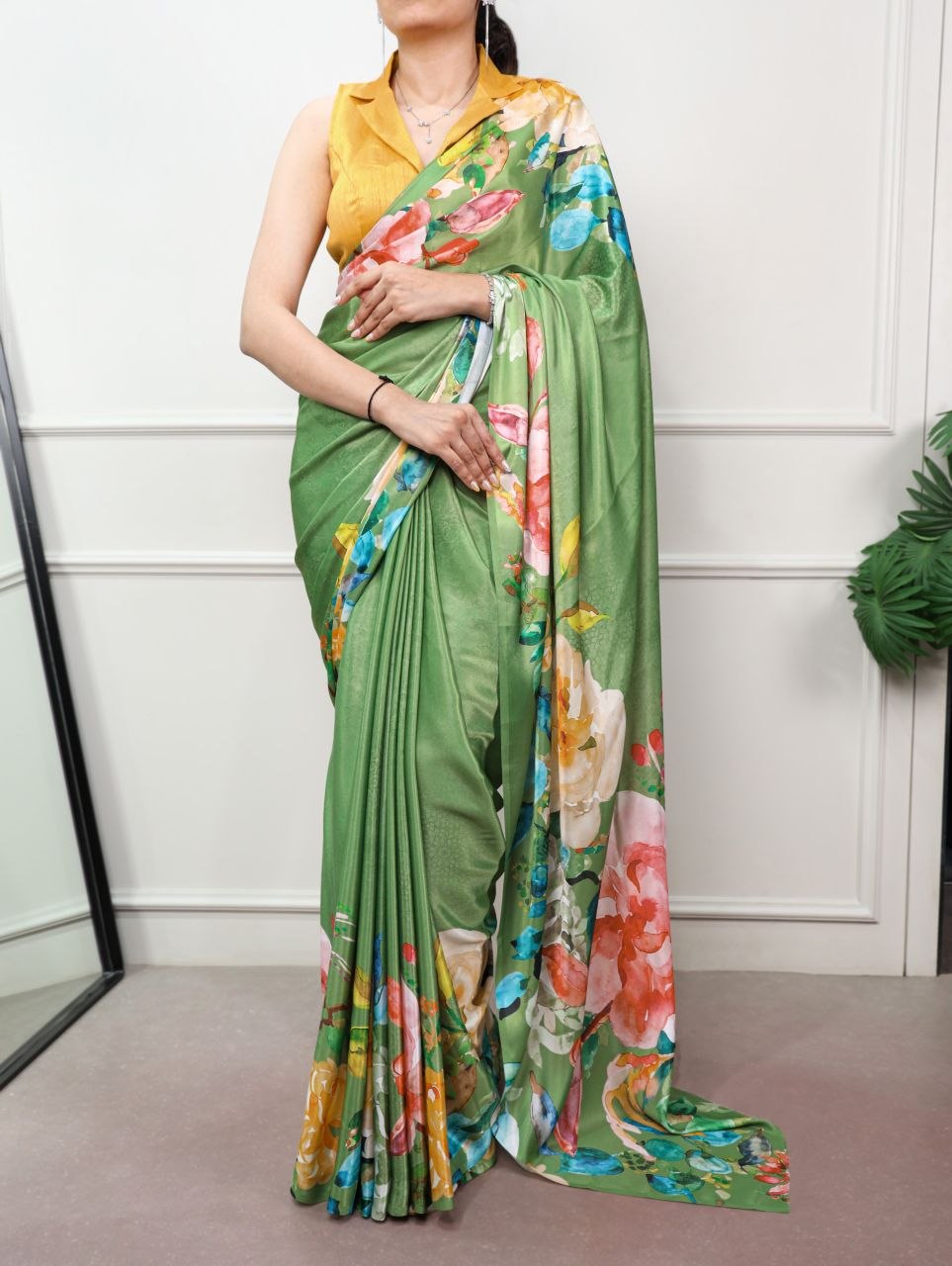Collection print banglory satin silk green saree