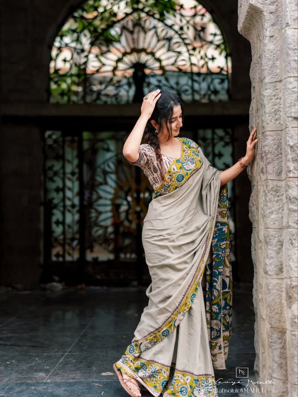 Summer handwork print linen gray saree