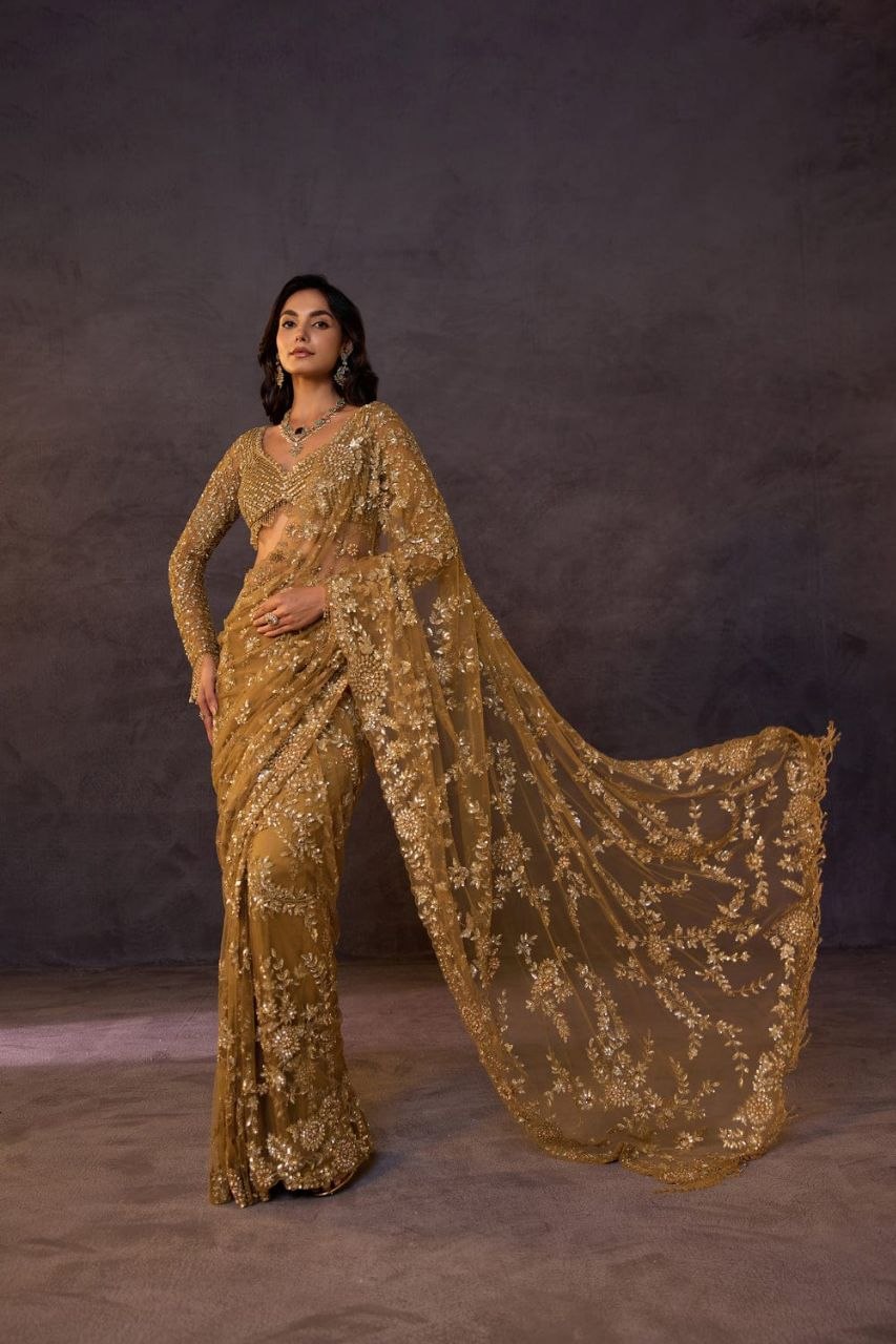 Bollywood embroidery sequence net mehendi saree